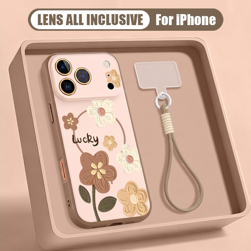 INS Floral Pattern Hand Strap Case For iPhone 17 Pro Max iPhone 16 15 14 13 Pro Max Magnetic For Magsafe Hybrid TPU+PC Matte Cover