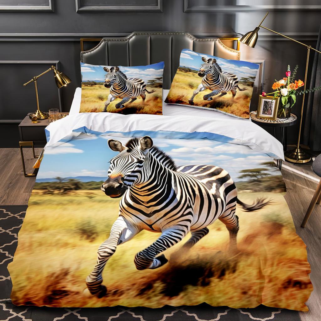 Cartoon Zebra Fashion Quilt Cover Set, Polyester Bedding 1pc Quilt Cover + 1/2pcs Pillowcase, No Quilt Core Soft and Comfortable