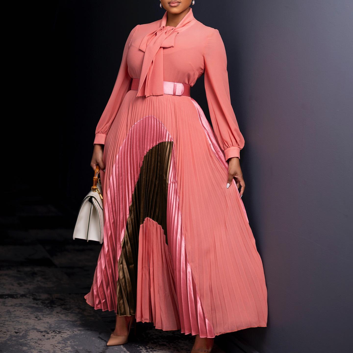 YYFS Женская мода весна-осень цветные блоки принт длинные рукава высокая талия повседневные платья S