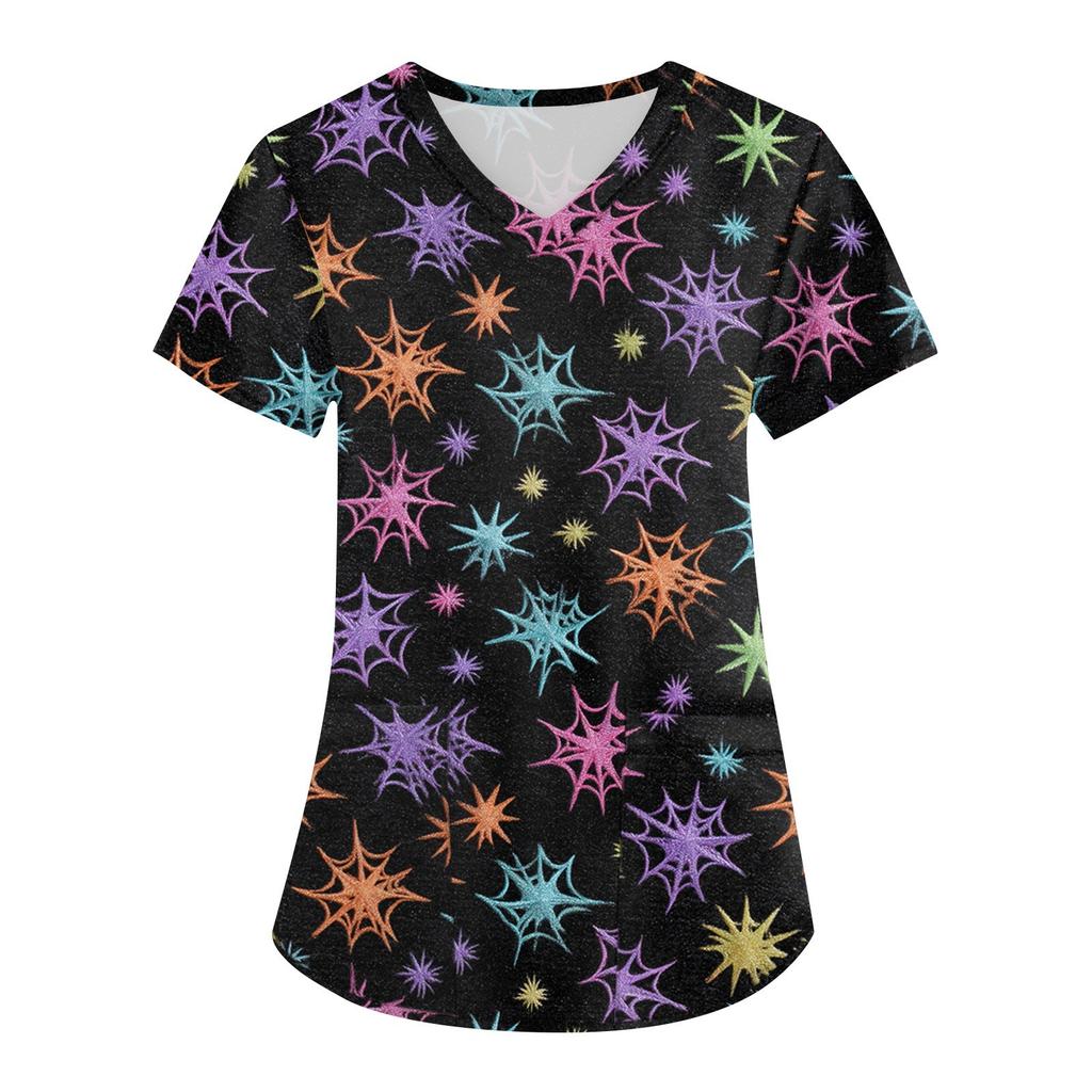 Women's Printing Uniform Work Uniform V-neck Pockets Basic Short Sleeve Pullover Top