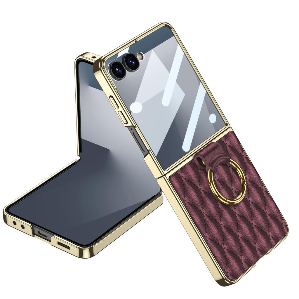 Luxury Diamond Leather Ring Holder Case for Samsung Galaxy Z Flip 7 6 5 Screen Glass Plating Edge Cover for Galaxy Z Flip7 Case