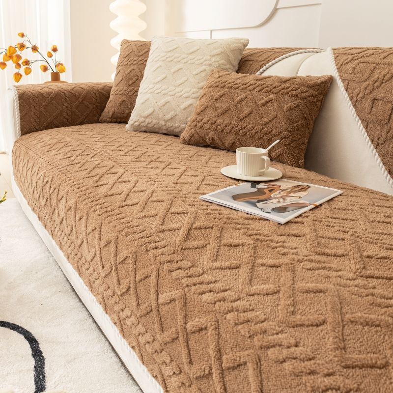 Solid Colored Plush Home Comfortable Sofa Mat Winter Thickened Anti Slip Seat Cushion Modern Minimalist Sofa Cover with Full Coverage Fabric