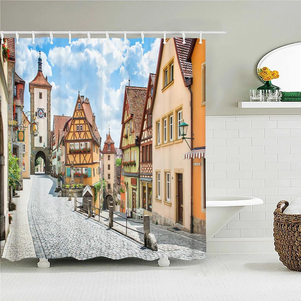 Beautiful Natural Scenery City Town Shower Curtains Bathroom Waterproof Polyester Fabric Bath Curtain Landscape Decor Curtains