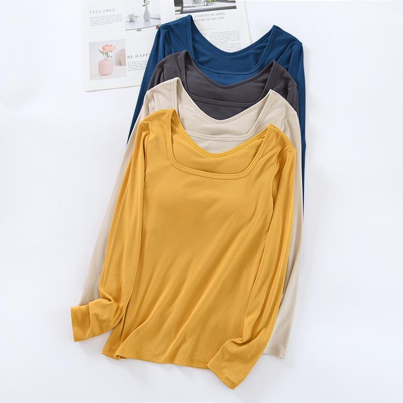 Women's Square Neck Long Sleeve Top with Built-in Bra Pads - Slim Fit for Early Autumn/Spring/Winter