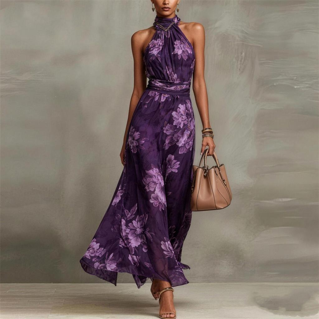 2026 women's new chiffon long dress in Europe and America, waist and thin, neck and sleeveless holiday wind wrinkle dress