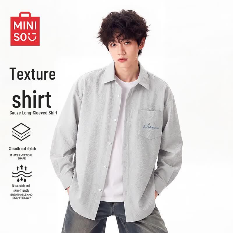 MINISO Men's Anti-Wrinkle Textured Casual Long Sleeve Shirt