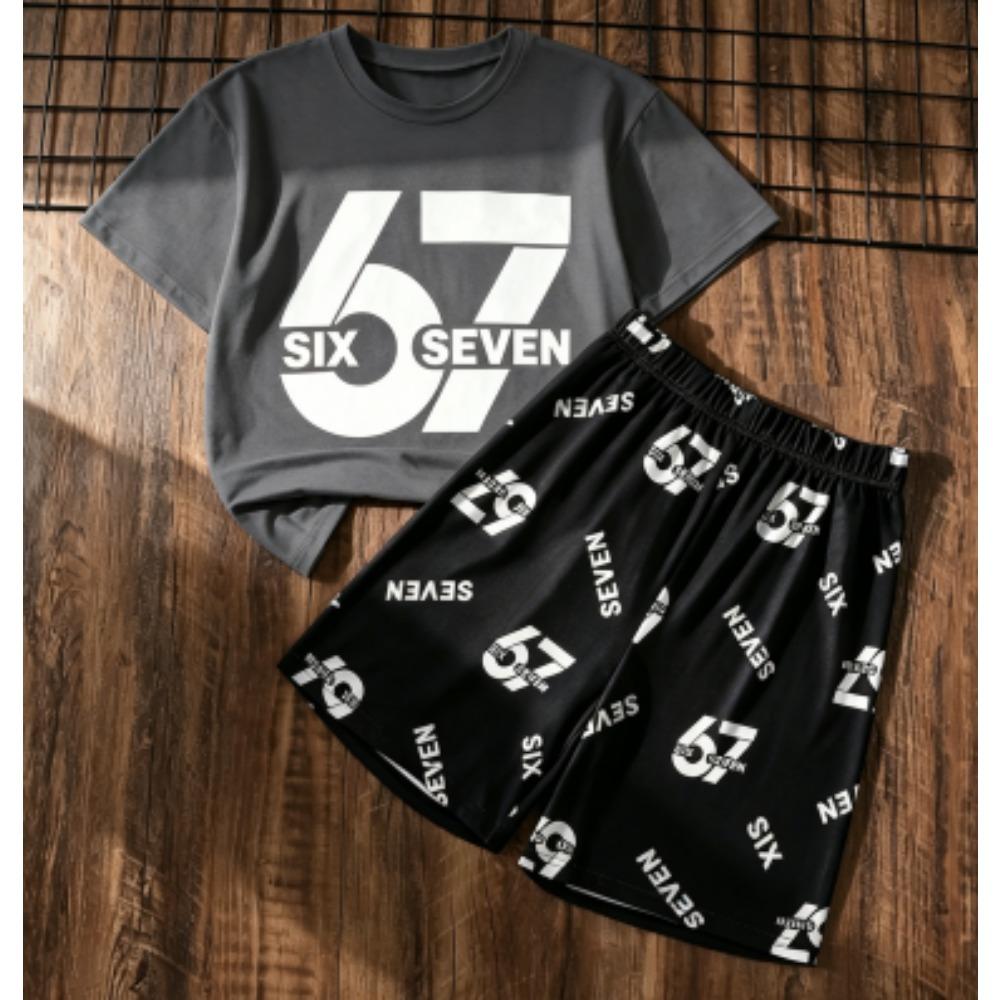 Herrset Six Seven 67 Tryckt Herr T-shirt och Shorts 2-delat Set Sommar Casual Utomhus Herr- och Dam-T-shirtset