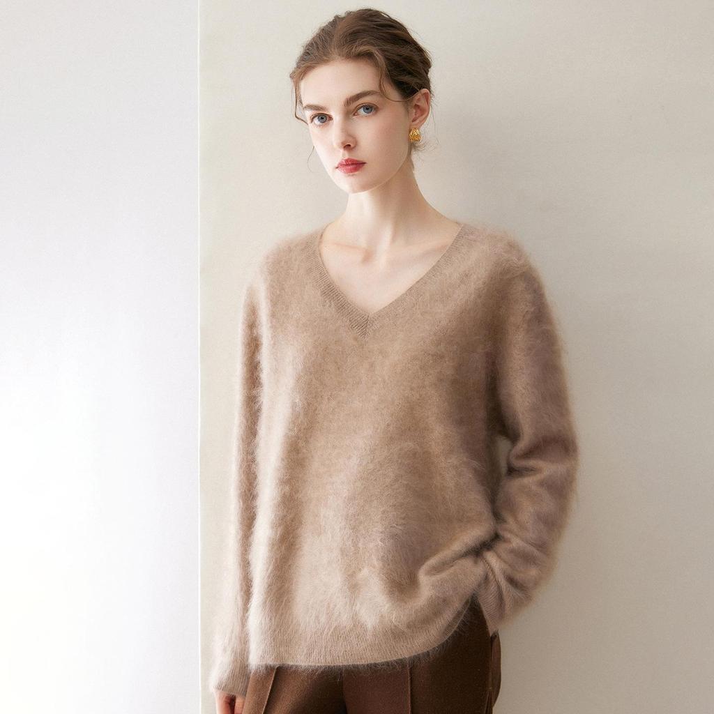 Kang Sai Ni Women's 100% Cashmere Long Brushed Sweater, Old Money Style Knitwear