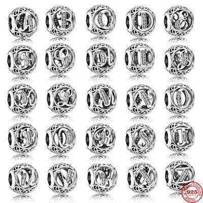 925 Sterling Silver Round Hollow A C D E M L N Letters White Zirconia DIY Fine Beads Fit Original Pandora Charm Bracelet Jewelry