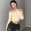 Mesh Patchwork Women Long Sleeve Crop T Shirt Ruched Off Shoulder BodycDF-1299-Black-Son Sexy Elegant Streetwear 2024 Spring Summer