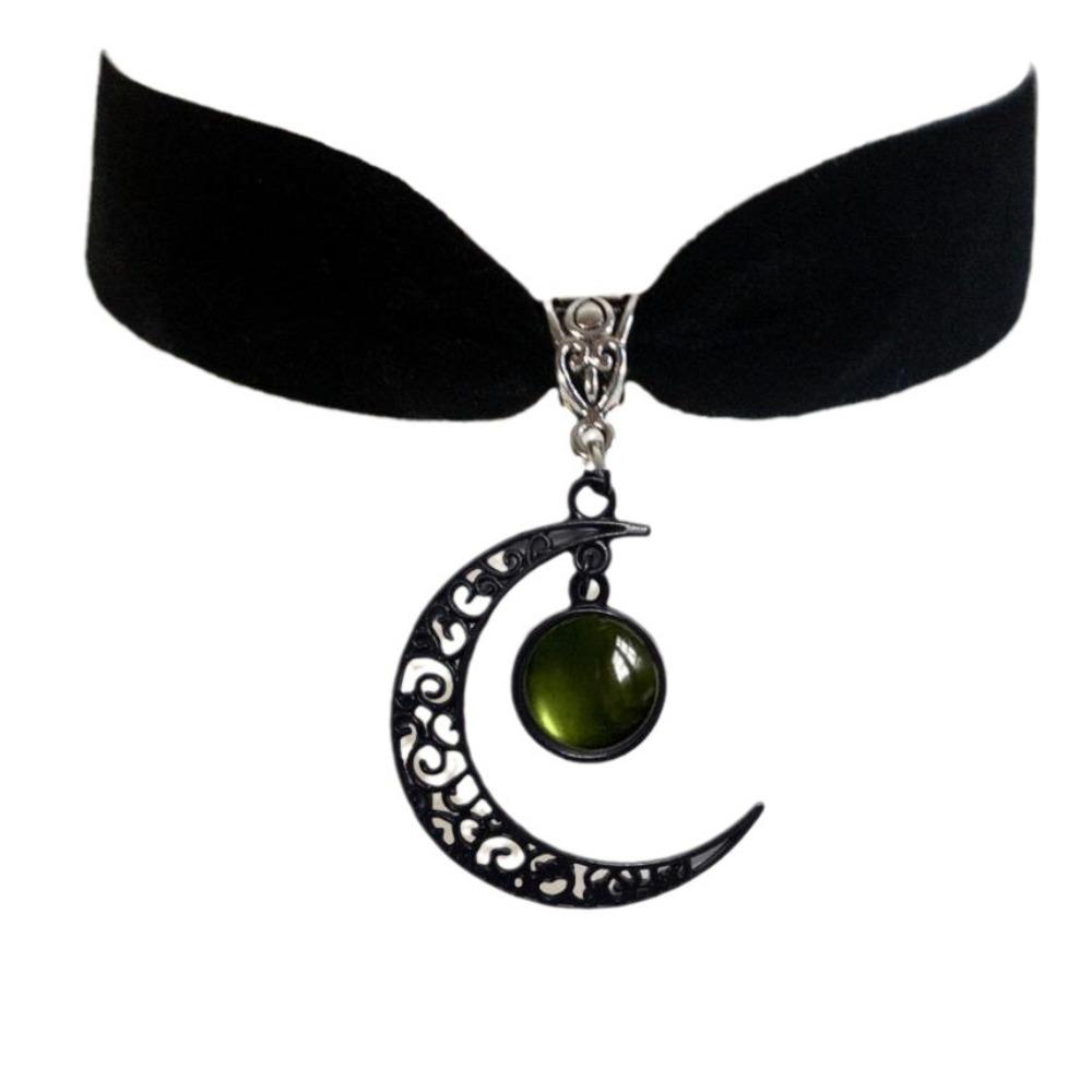 Gothic Retro Black Hollowed-out Crescent Moon Opal Stone Velvet Collar Necklace for Women Hallowmas Party Witch Jewelry Gifts