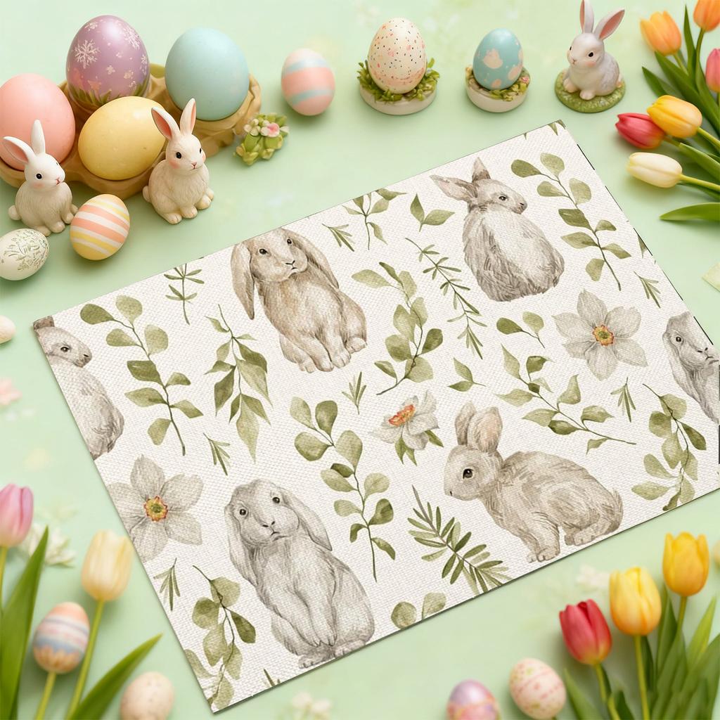 Rabbit Print Placemat Spring Flowers Easter Bunny Easter Egg Print Family Holiday Dinner Restaurant Decoration