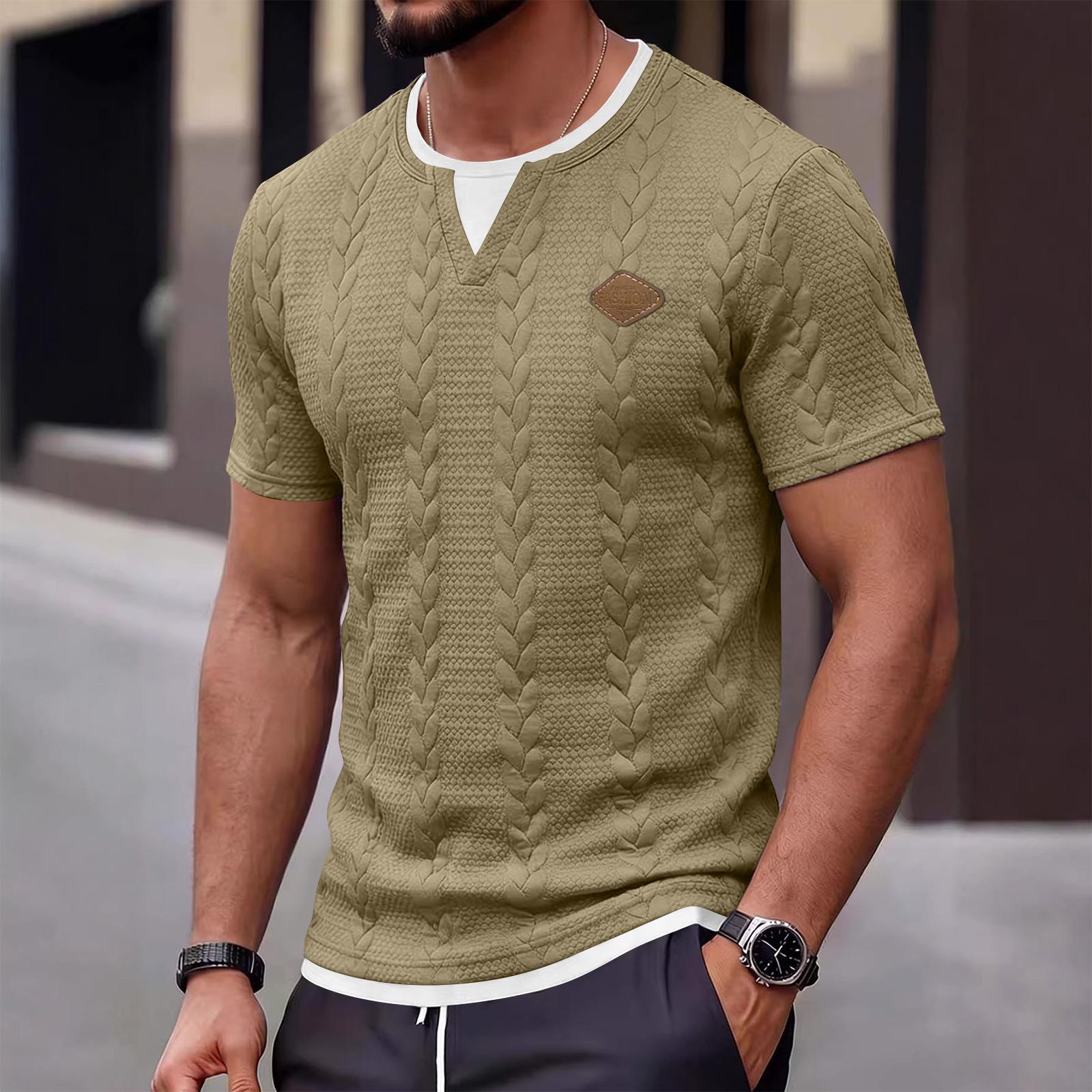 

Men Short Sleeve Knitted Pullover Crew Neck Textured Pattern Casual Fit Lightweight Soft Fabric Top Shirt L