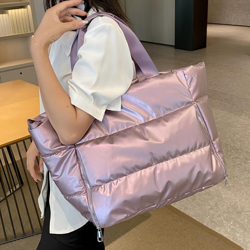Large Capacity Quilted Nylon Tote Bag for Women Winter Spacious Women's Shoulder Bag for Gym Yoga Shopping Solid Color Padded Space Handbags for Women