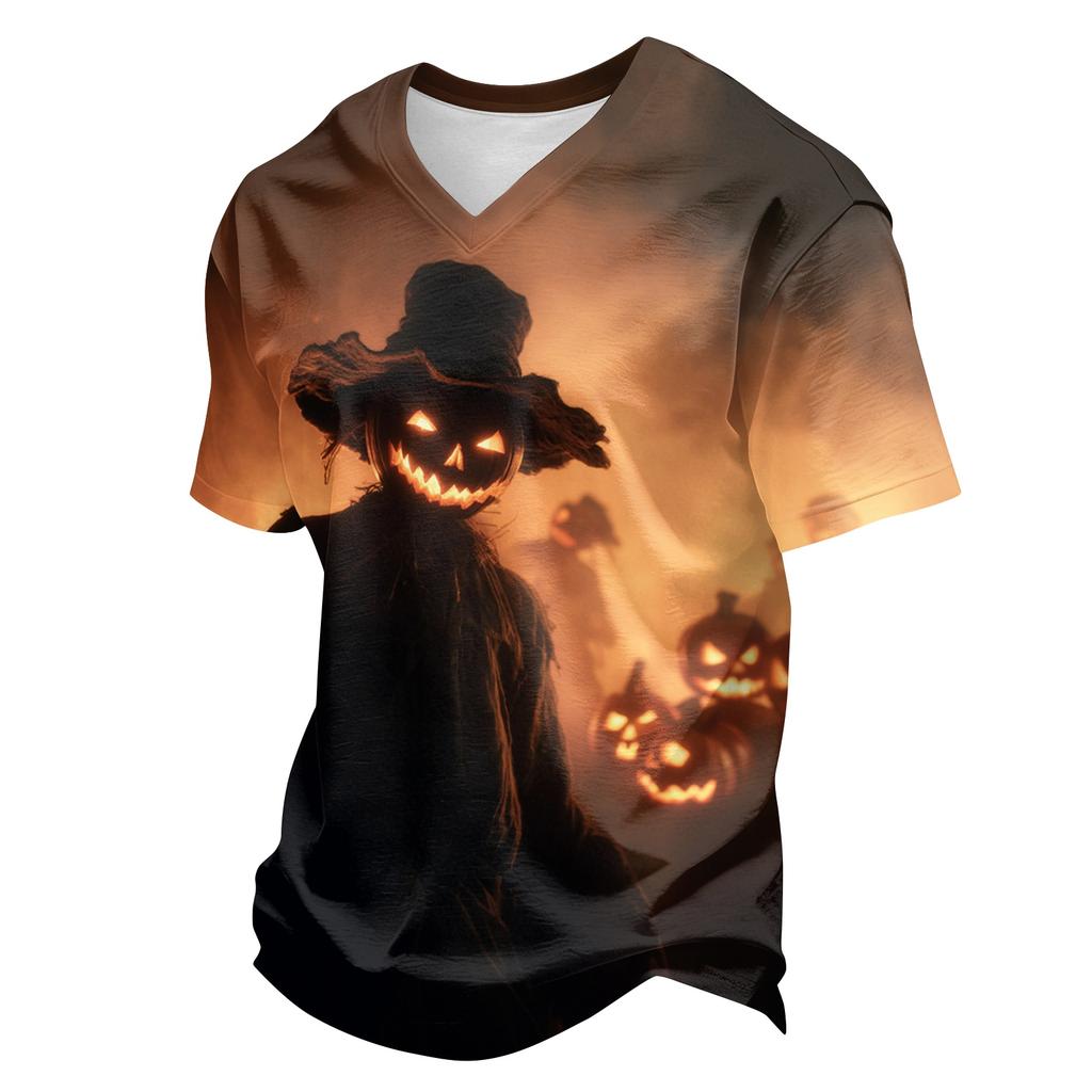 Men's Casual V Neck Lightweight Breathable Short Sleeve Top Halloween Pumpkin Scarecrow Print Summer Tee Shirt for Everyday Wear
