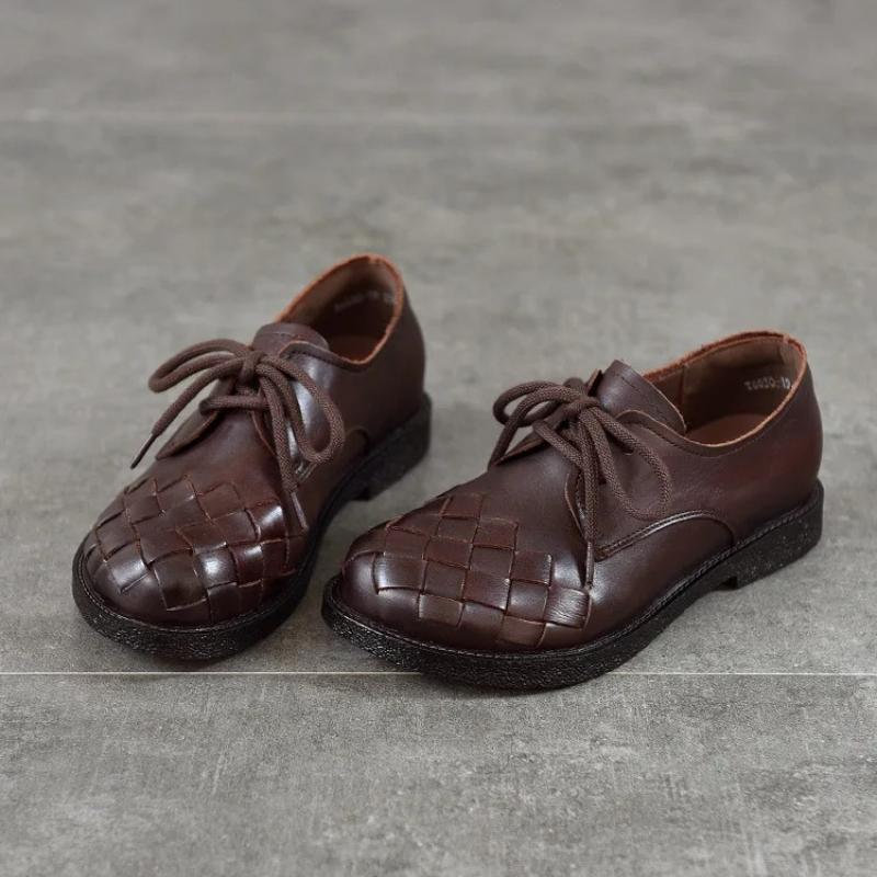 Johnature Vintage Genuine Leather Woven Low Heel Shoes Versatile Round Toe Lace Up Women's Shoes