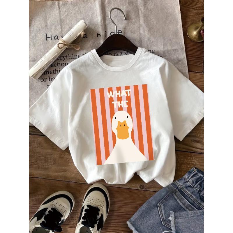 European sizes [Girls  Duck Stripe T-Shirt] What?!  Duck Stripe Print Short-Sleeve T-Shirt for Girls - Soft And Stretchy, Comfortable Round Neck 110 белый