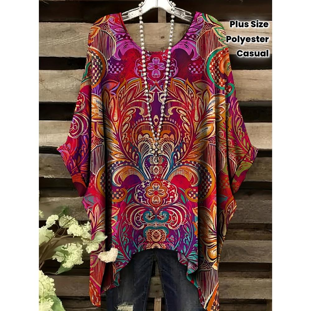 Retro Damen T-Shirt Trendig Ethnisch Boho Bedruckt Sommer O-Ausschnitt Unregelmäßiger Saum Kurzarm Bluse T-Shirt Locker Lässig Pullover