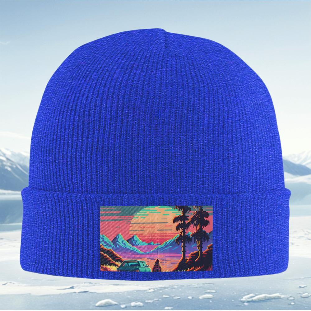 Mountains sunset car silhouette person trees Men Women Unisex Knitted Hat Beanie Pullover Cap Winter Thermal Warm Christmas Outd