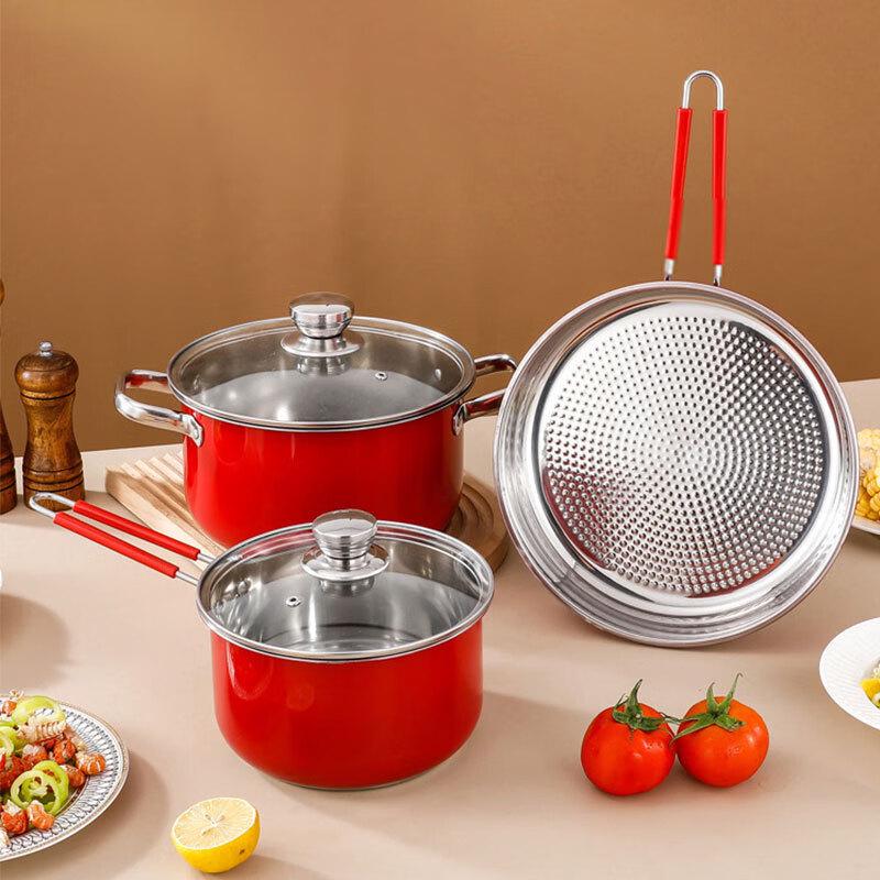 Wutuo 3-Piece Red Stainless Steel Cookware Set