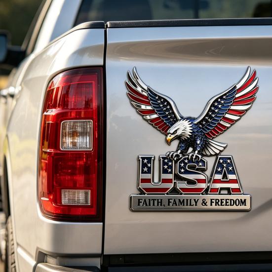 USA Faith, Family & Freedom Metal Emblem, Eagle & USA Letters Patriotic Edition 3D Metal Car Emblem, 250th Anniversary Red & Blue Flag Auto Decal for