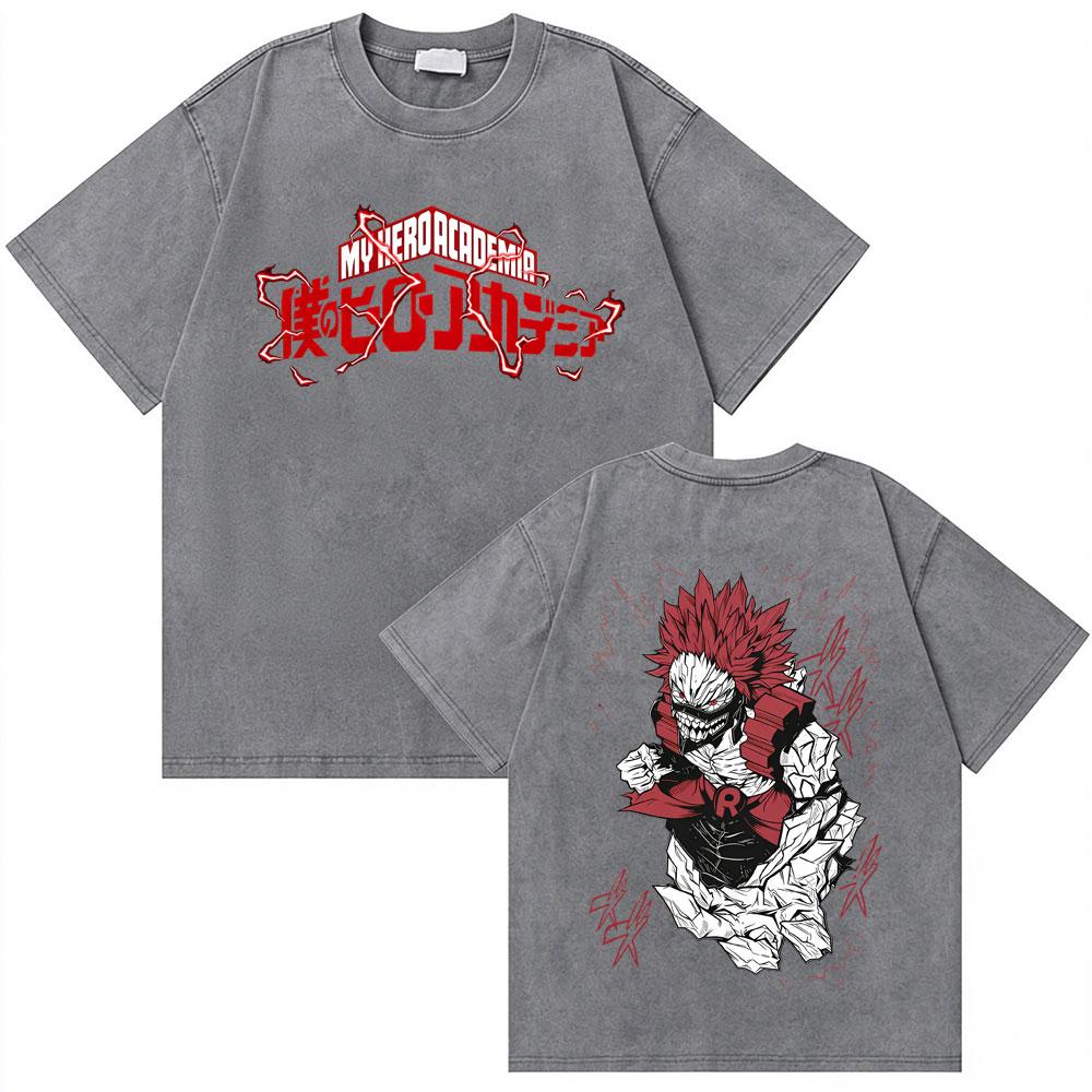 Washed Vintage Anime My Hero Academia Eijiro Kirishima T-shirt Men Women Manga Casual Retro T-shirts Men's Cotton Oversized Tees