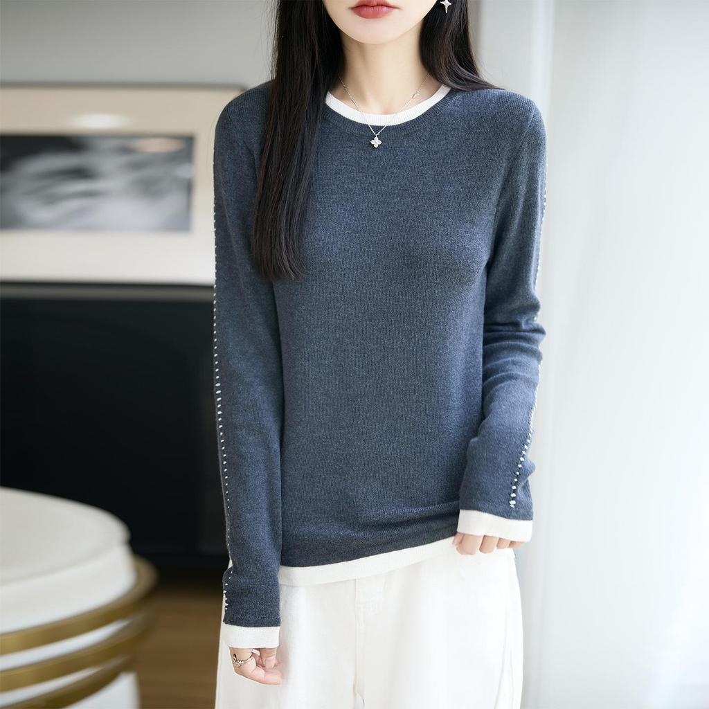 Women's Slim Fit Contrast Color Wool Pullover - Soft, Long-Sleeve Round Neck for Autumn & Winter