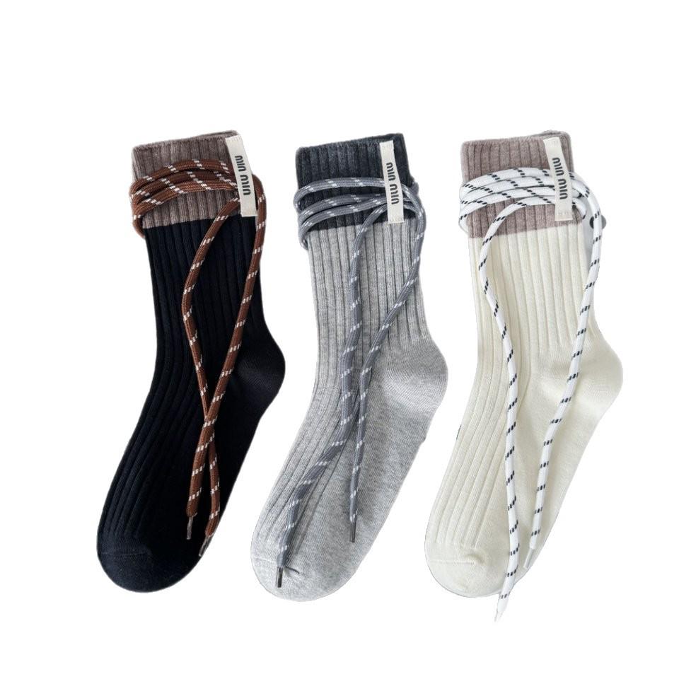 Autumn Lace-Up Mid-Calf Color Block Socks with Stylish Leather Shoes.