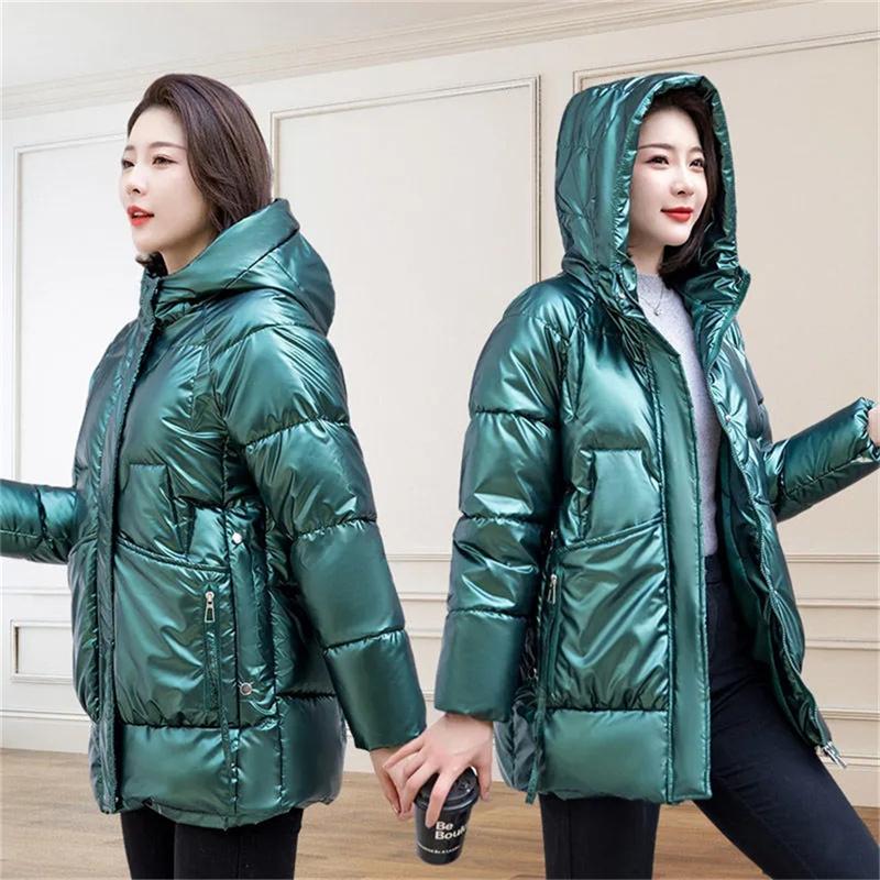 Winter Jacket Women Parkas Glossy Down Cotton Padded Parka Female Solid Color Thick Outwear Hooded Warm Outcoat