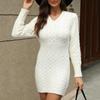 Fall Winter Women Dress Knitted Thick V-Neck Slim Fit Long Sleeves Above Knee Length Twisted Texture Pure Color Sheath Office Pa