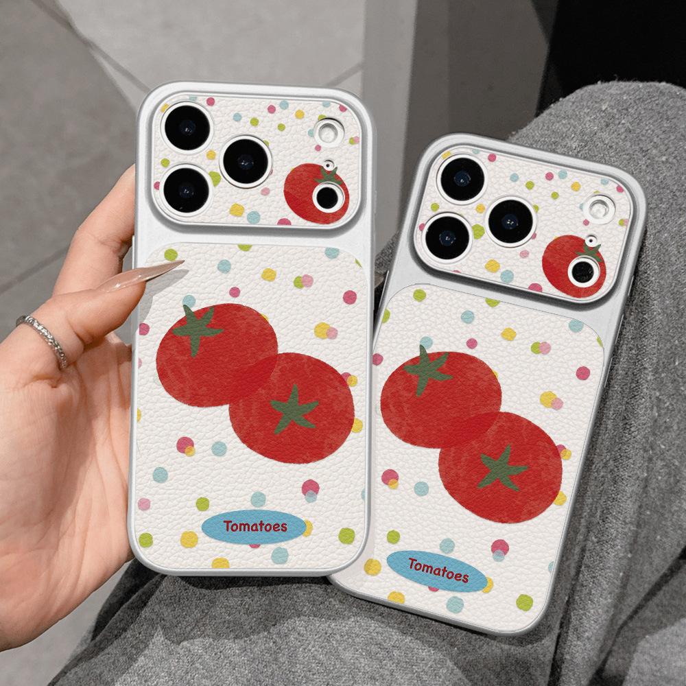 Japan und Südkorea einfache Nische farbige gepunktete Tomaten geeignet für Apple 17promax Handyhülle großes Fenster Lammleder