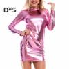Women Dress Smooth Faux Leather Slim Fit Sheath Solid Color Glossy Skinny Elastic Long Sleeve Half High Collar Above Knee Nightclub Party Mini Dress