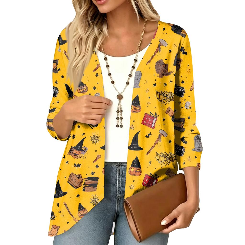 Cardigan décontracté léger ample à manches 3/4 imprimé pour femme pour Halloween