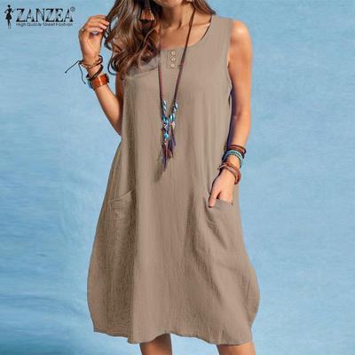 Abito da donna con canotta in cotone senza maniche, casual da spiaggia, estivo, allentato, con scollo a O, da spiaggia