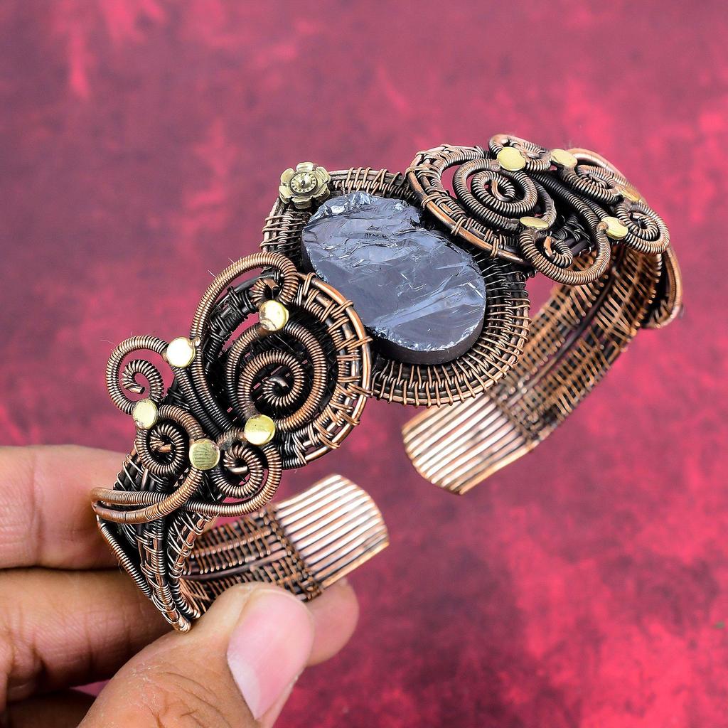 Shungite rough cuff bracelet copper wire wrapped adjustable bangle flower gemstone bangle handmade copper jewelry wire wrap jewelry for gift