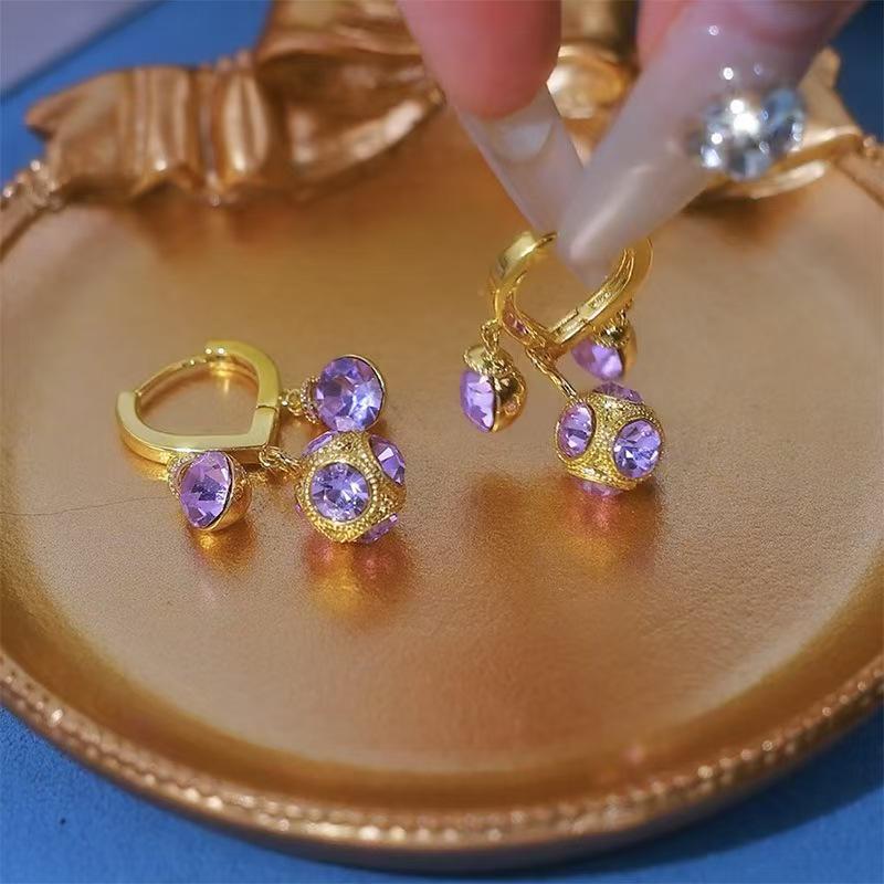 High-End Purple Diamond-Inlaid Ball Earrings: Elegant, Niche Design, Fashionable and Versatile.