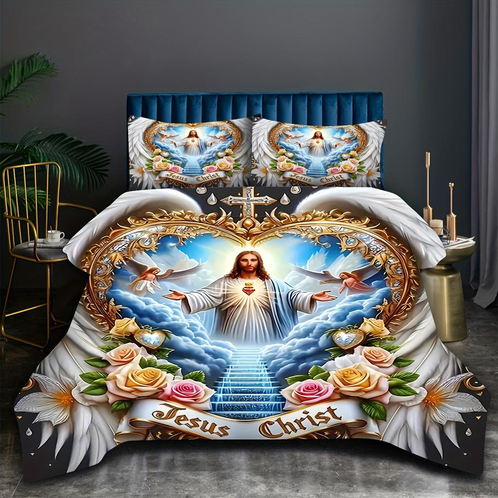 2/3pcs Set Sacred Devotion Wings Cross Flower Angel Jesus Door to Heaven Bedding Set Digital Print Quilt Cover Set