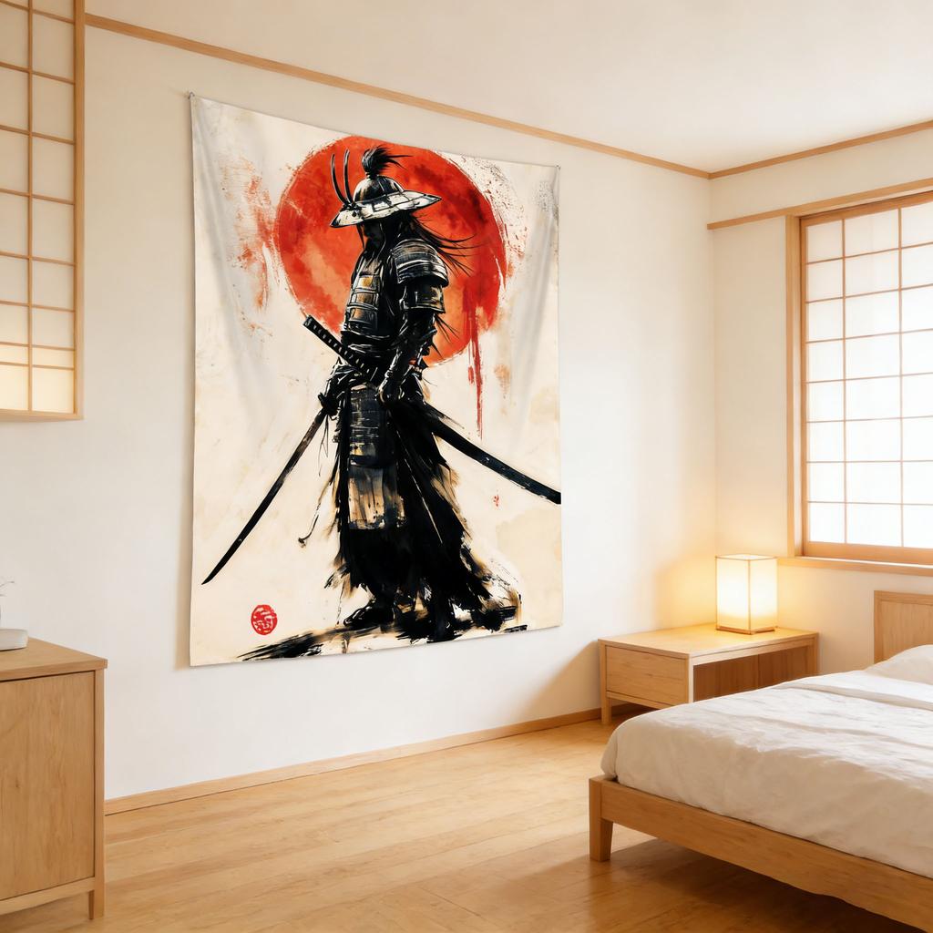 Sanzugh Japanese Samurai Tapestry, Cool Black Red Sun Anime Wall Hanging, Aesthetic Decor For Men'S Bedroom & Dorm
