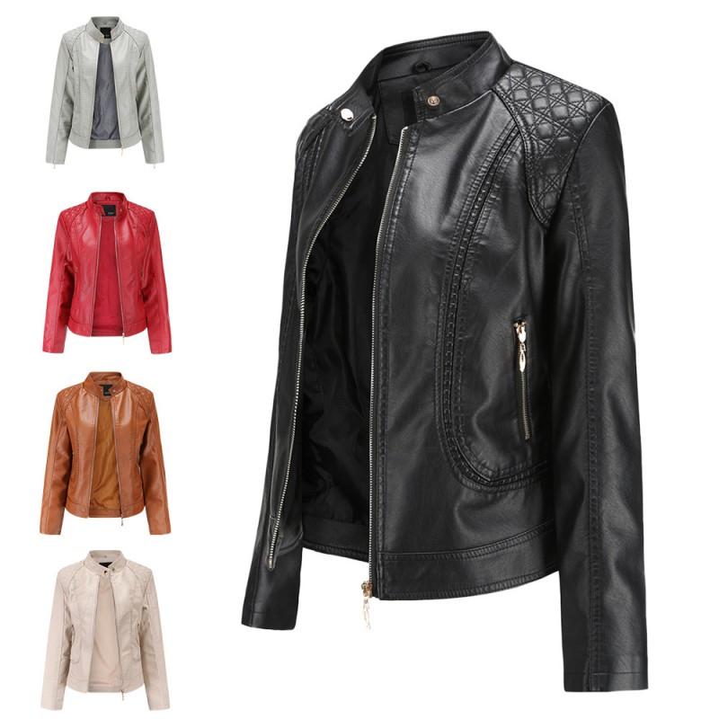 Womens PU Leather Jacket Slim Fit Stand Collar Plus Size Fashion Outerwear Daily Wear