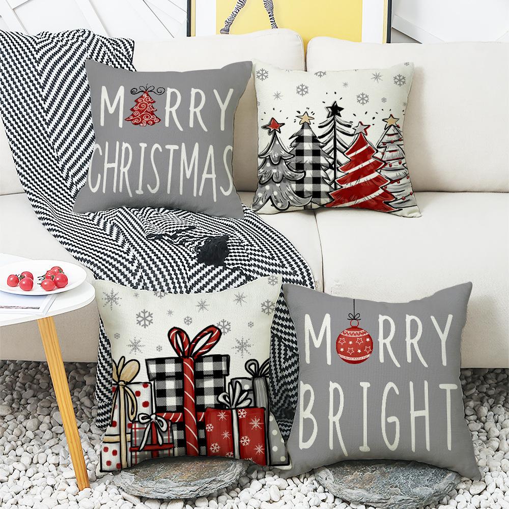 Gray Christmas Tree Christmas Throw Pillow Cover Linen Letter Print Holiday Decoration Living Room Sofa Cushion Cover Pillow