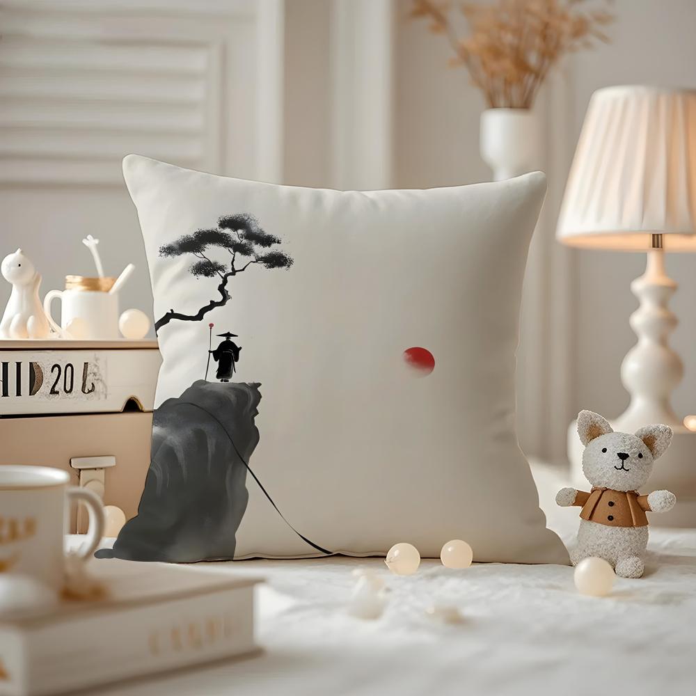Chinese Ink Painting Style Cushion Cover Anti-dustmite Pillowcase Invisible Zipper Silky Short Plush Sofa Cushion Cover