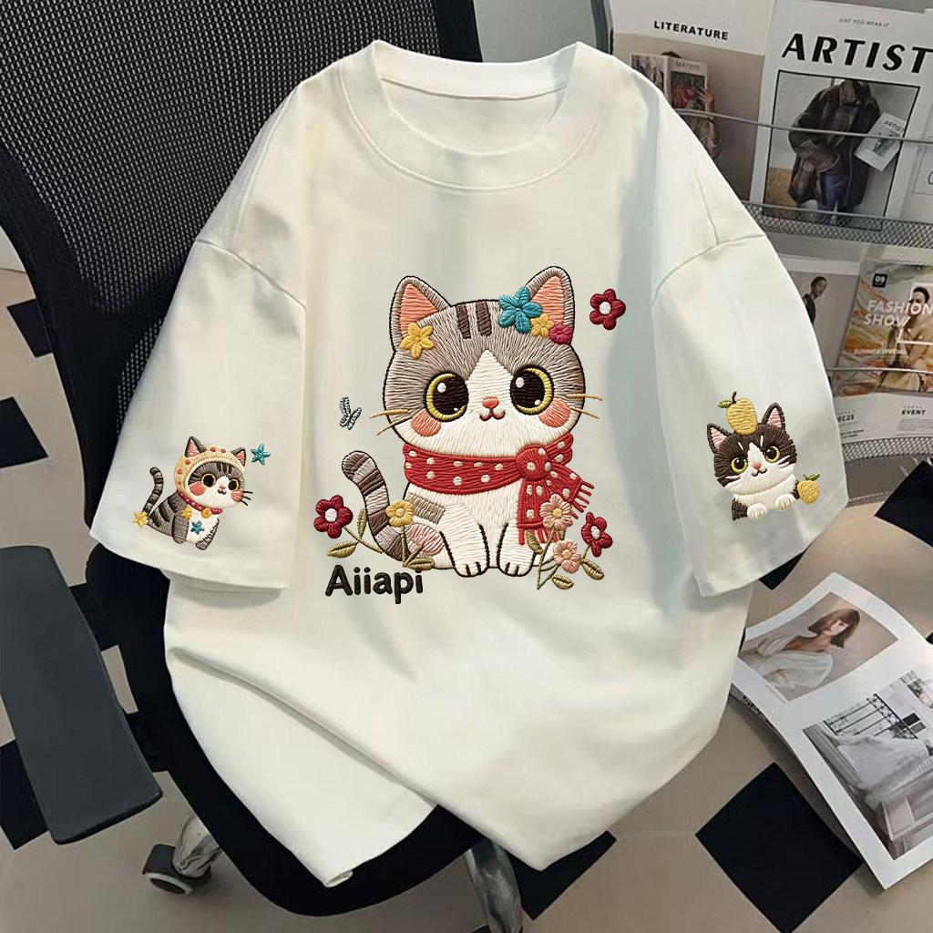 Women's O Neck Short Sleeve Tee Loose Fit Korean Style Cartoon Cat Embroidery Casual Top