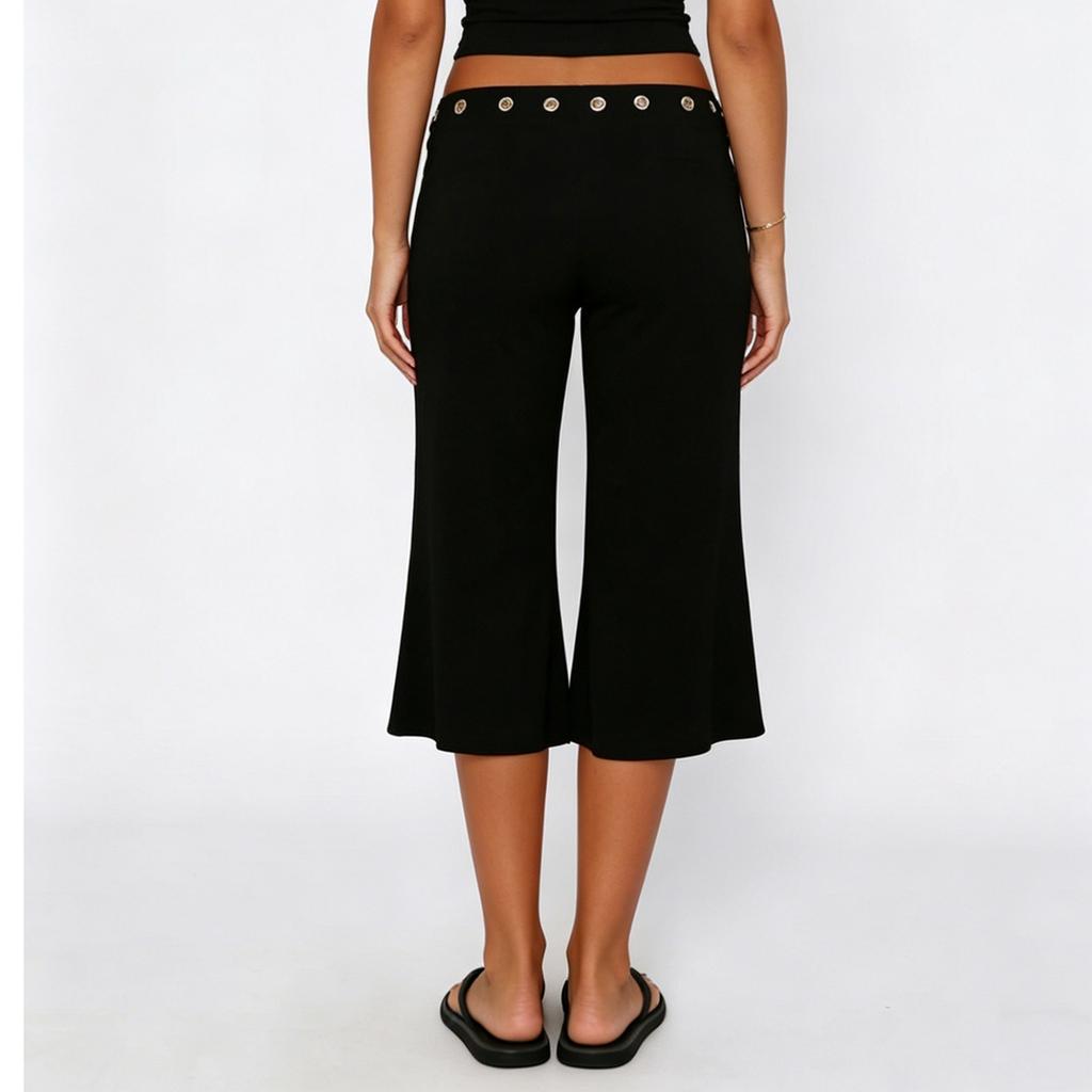 Women Slim Fit Flared Capri Pants Seven Quarter Length Casual Streetwear Sport Trousers with Waist Eyelet Detail