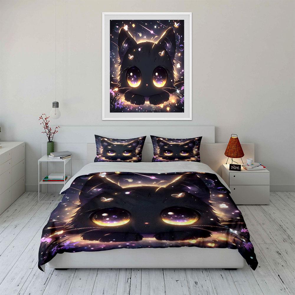 Adorable Fantasy Cat Night Decor Exquisite Three-Piece Bedding Set Gift For Kids And Adults