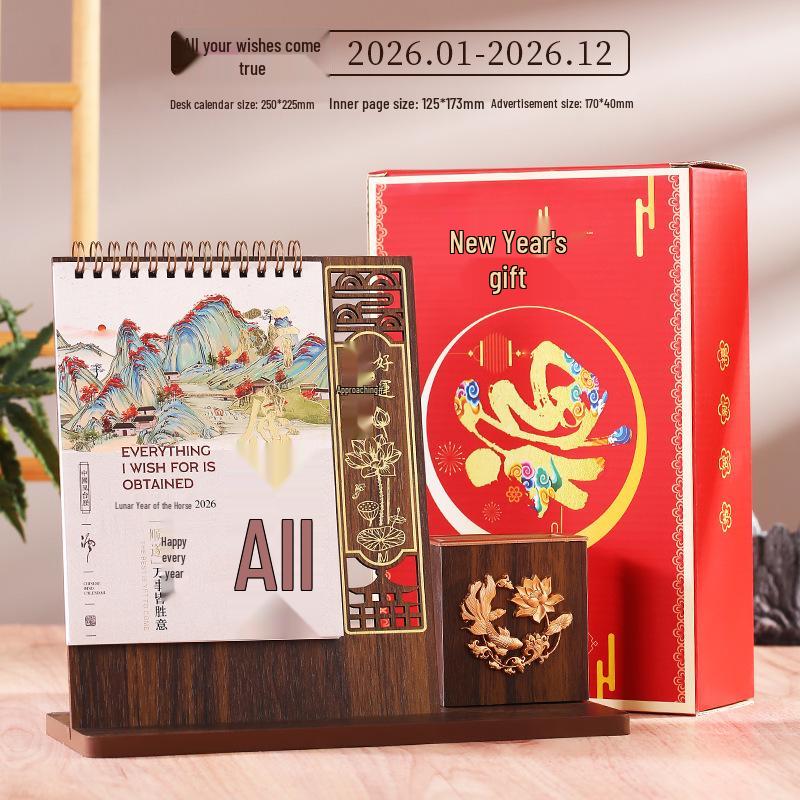 2026 Chinese Classical Style Desk Calendar: Wooden Stand, Business Gifts, Thank You Promotion, Customizable Logo Printing