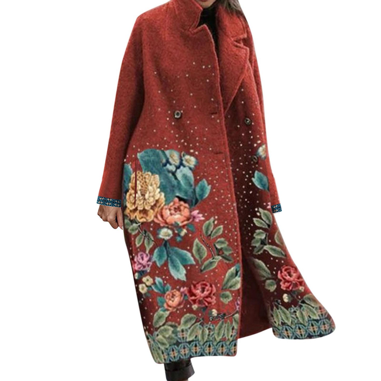 

Women s Fashion Leisure Long Sleeved Lapel Coat Printed Cardigan Coats M червоний