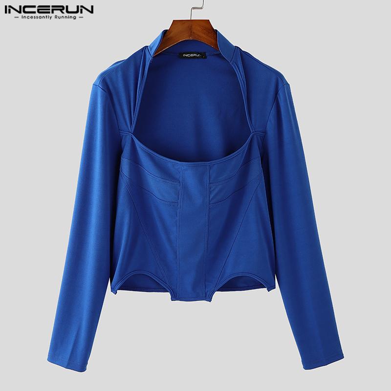 INCERUN Pánské topy s dlouhým rukávem, výstřihem a úzkého střihu, ležérní bodycon krátká trička