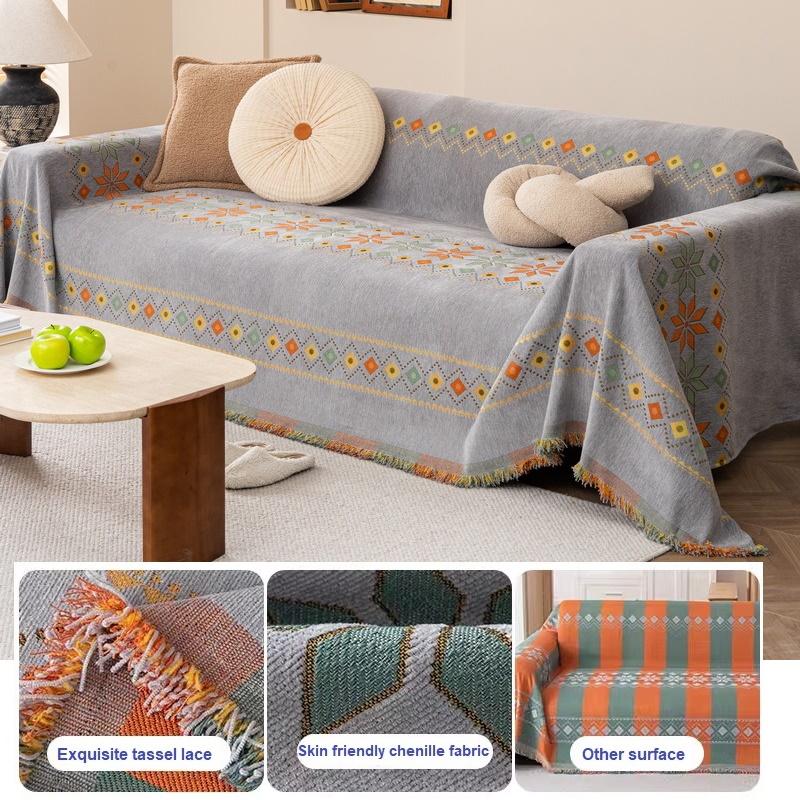 Popular Jacquard Chenille Sofa Towel With Tassels Decor For Living Room, Picnic,Camping, Large Blanket Leisure Relax Beach