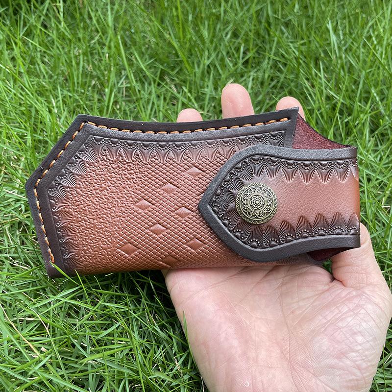 16 CM Foling Knife Holder Embossed Cowhide Scabbard Pocket  Knife Cover Leather Sheath Case  Camping Knife Holsters Belt Buckle
