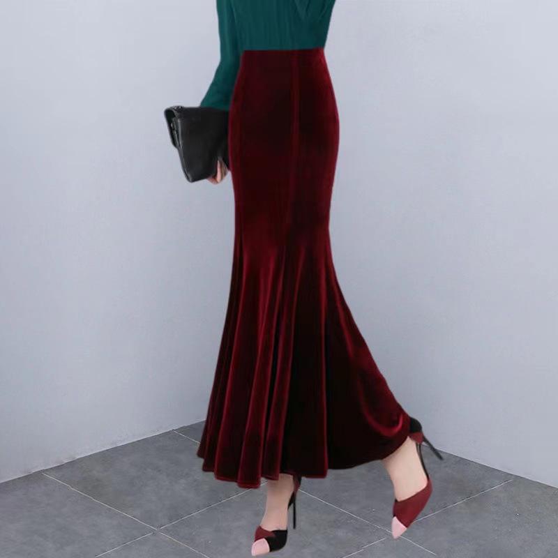 Women's High-Waist Gold Velvet Fishtail Midi Skirt – Plush, Thickened for Autumn/Winter